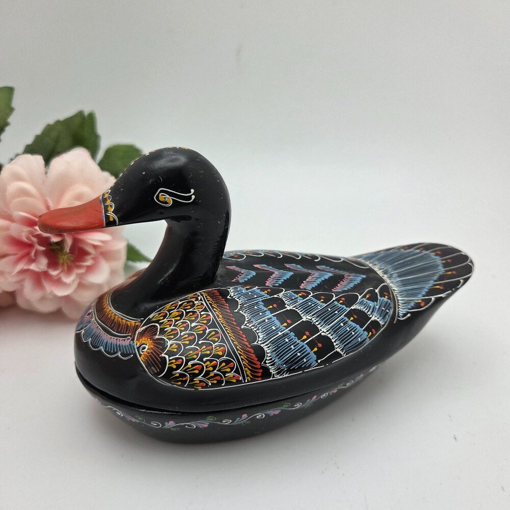 Vintage Black Handmade Lacquered Duck Box India Hand Painted Trinket Box